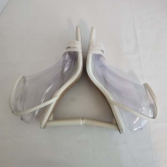 Aldo Square Toe White Pearl Embellished Strappy Heels - Picture 5 of 12